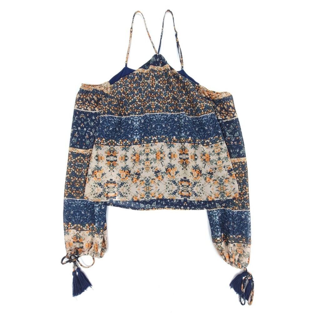 NEW Tularosa Syrah Cold Shoulder Blouse Boho Top Tassel Sheer Long Sleeve Navy
